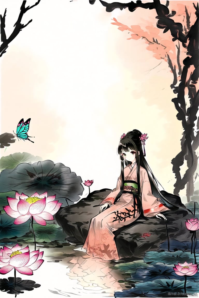 A girl, black hair, long sleeves, shut up, sitting on a rock, tree, belt, Chinese Hanfu, Bun, Dragonfly, butterfly, nature, forest, reflection, Lily, lotus, pond, traditional Chinese ink painting,