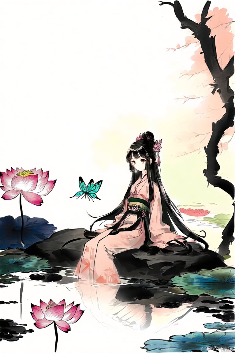 A girl, black hair, long sleeves, shut up, sitting on a rock, tree, belt, Chinese Hanfu, Bun, Dragonfly, butterfly, nature, forest, reflection, Lily, lotus, pond, traditional Chinese ink painting,