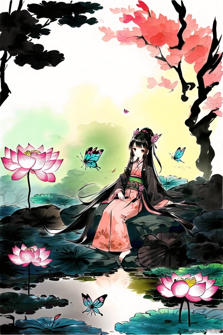 A girl, black hair, long sleeves, shut up, sitting on a rock, tree, belt, Chinese Hanfu, Bun, Dragonfly, butterfly, nature, forest, reflection, Lily, lotus, pond, traditional Chinese ink painting,