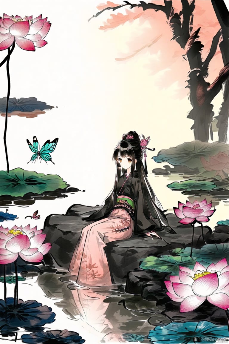 A girl, black hair, long sleeves, shut up, sitting on a rock, tree, belt, Chinese Hanfu, Bun, Dragonfly, butterfly, nature, forest, reflection, Lily, lotus, pond, traditional Chinese ink painting,