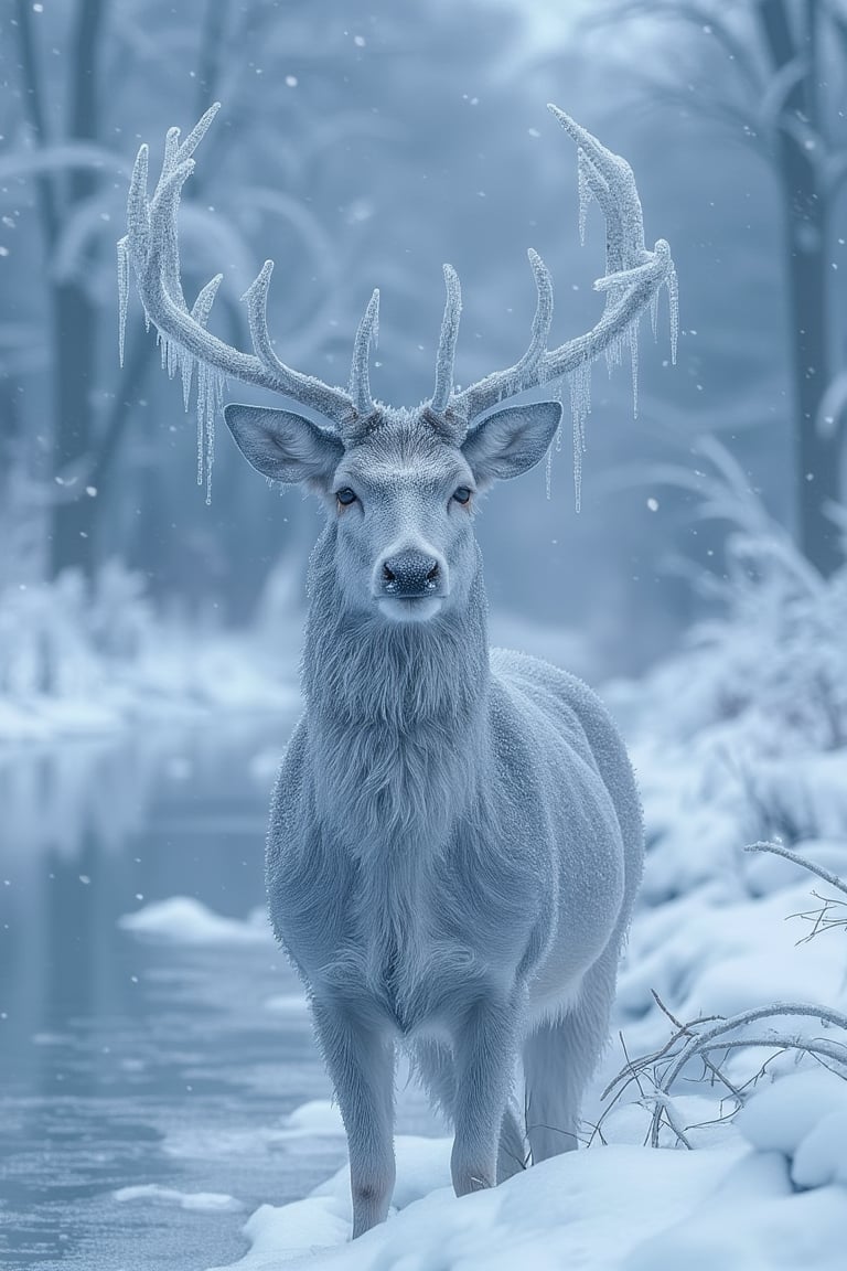 A frozen deer standing motionless by a frozen lake, its antlers covered in icicles. The surrounding landscape is a winter wonderland, with snow falling gently from the sky.