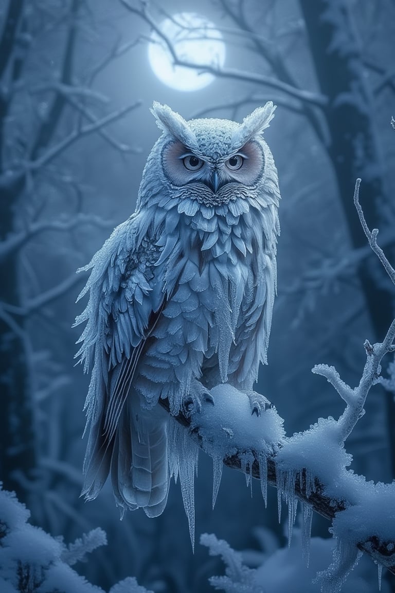 A frozen owl perched on a tree branch, its feathers stiff and shimmering with ice. The background is a dark, snowy forest, with the full moon casting a cold light over the scene.