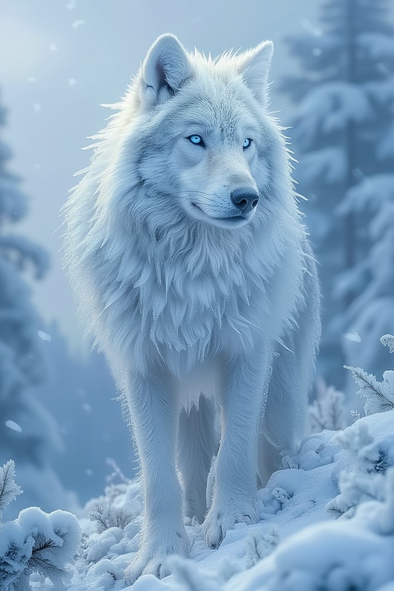 A frozen wolf standing majestically in a snowy forest, its fur coated with ice crystals, eyes glowing faintly in the icy cold. The background features towering, frost-covered trees and a pale winter sky.