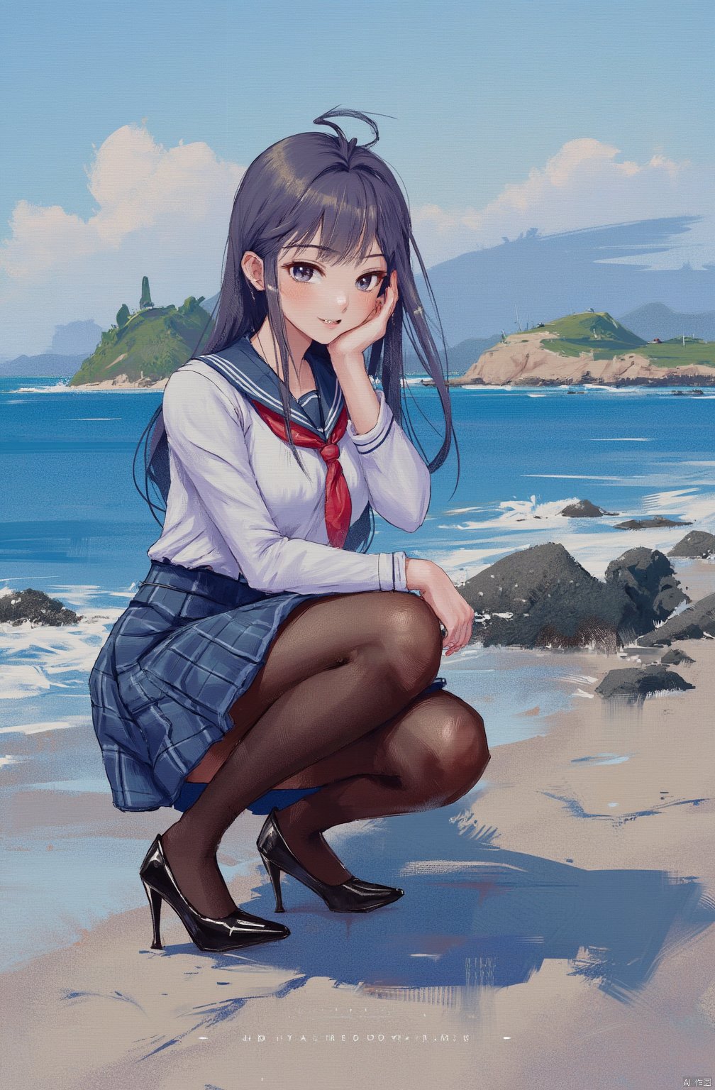 masterpiece, best quality, stunning details, realism, 1girl, idol, long hair, (white skin with high details), big breasts, school uniform, plaid skirt, shiny pantyhose, long legs , high heels, full body, seaside, rocky reefs, waves, islands, squatting,