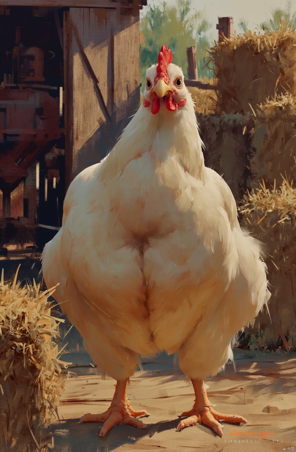 A plump and juicy chicken stands proudly in a rustic farm setting, surrounded by hay bales and rusty farm equipment. The warm sunlight casts a golden glow on its feathers, highlighting the softness of its plumage as it puffs out its chest.