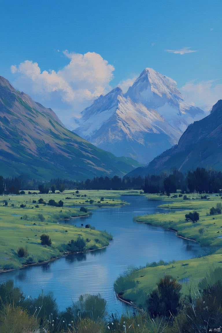 A serene landscape: A vast blue sky stretches above a range of majestic mountains, their rugged peaks shrouded in wispy clouds. In the valley below, a winding river flows gently, its calm surface reflecting the cerulean heavens. The scene is set against a backdrop of lush greenery, with trees and bushes scattered across the terrain.