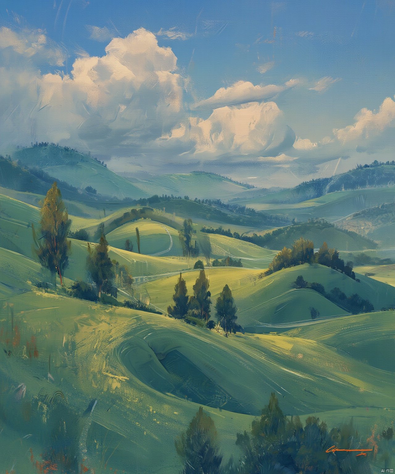 A serene landscape unfolds before us: rolling hills of emerald green stretch towards a horizon kissed by warm sunlight. Tall trees, their trunks sturdy and strong, stand sentinel along the crest, their leafy canopies rustling softly in the gentle breeze. The sky above, a brilliant blue, is dotted with puffy white clouds, adding depth to this idyllic scene.