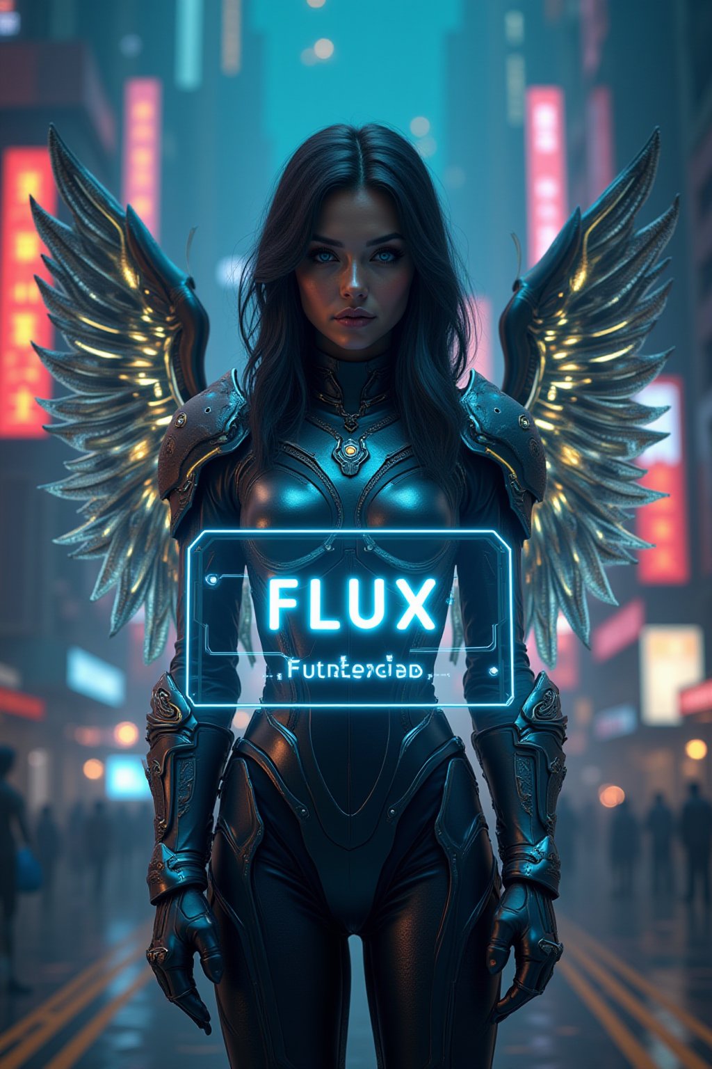 A beautiful girl in a futuristic cyberpunk universe, wearing sleek, glowing armor with large mechanical angel wings. She is holding a holographic screen with the text "FLUX" in large letters, accompanied by "FuturEvoLab" in smaller font. The scene is set against a backdrop of a futuristic city, illuminated by neon signs and high-rise buildings.