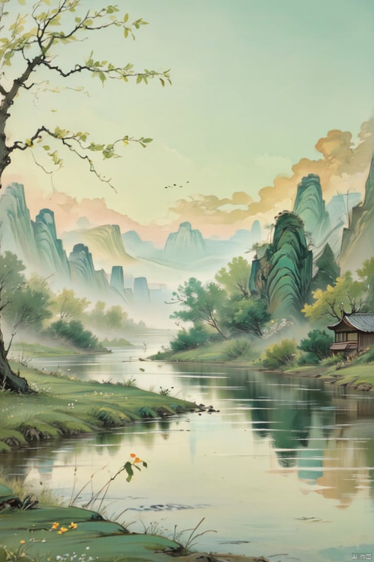 Rural scenery, along a path obscured by flowers by the stream, the distant mountains and clouds constantly change on summer afternoons, with natural light, distant views, tranquility, vitality, freshness, and warm colors. Chinese ink painting