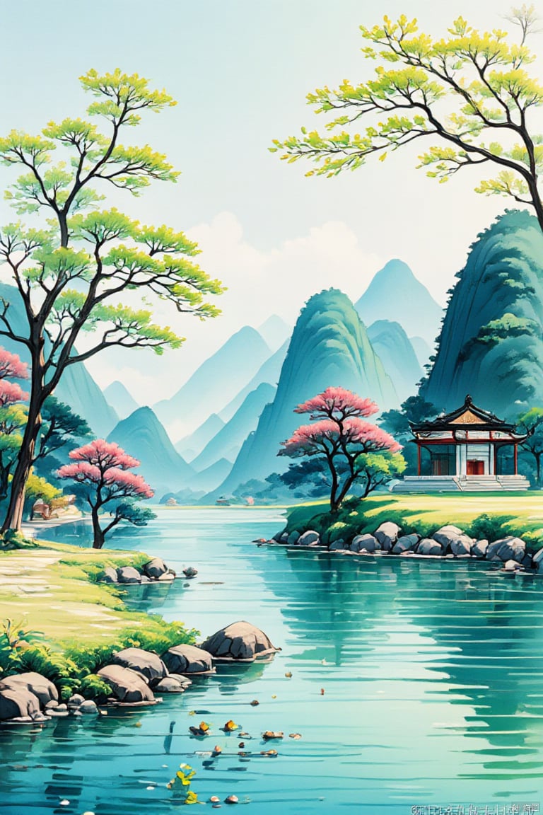  Chinese classical architecture, red crowned crane, overlooking mountains from afar, high-rise building, (white background: 1.1), ink painting, foreground of osmanthus tree, distant lake, riverbank with some rockeries and stones, red maple trees, and small boats on the river surface