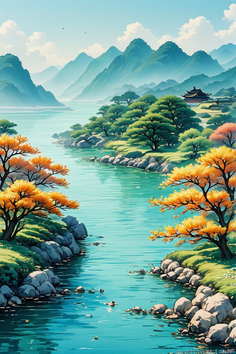 Landscape painting, with overlapping mountains, rippling water, flying birds, a pavilion standing still, a strong sense of autumn, a strong layering, a painting style, a specific perspective, soft light, bright colors, Eastern aesthetics, long-focus lens, natural light, static composition, warm tones, and a peaceful atmosphere. Chinese cyberpunk, Chinese ink, future city.,