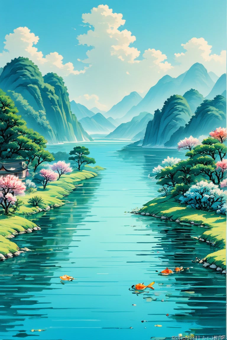 Overlooking effect, 8K, high-definition, hand drawn, marker pen, summer scene, lake surface, lotus flowers, goldfish, adding details, enhancing clarity, extremely high resolution, bright,