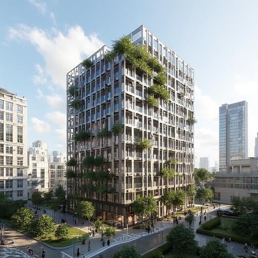 Vertical, Spectacular overlook of a modern building in urbun, modern_design, modern_building, modern_architecture, details, depth of field, long shot, perfect light and shadow, real, photo, relistic, detailed texture,