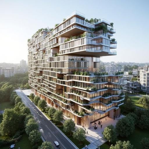 Vertical, Spectacular overlook of a modern building in urbun, modern_design, modern_building, modern_architecture, details, depth of field, long shot, perfect light and shadow, real, photo, relistic, detailed texture,