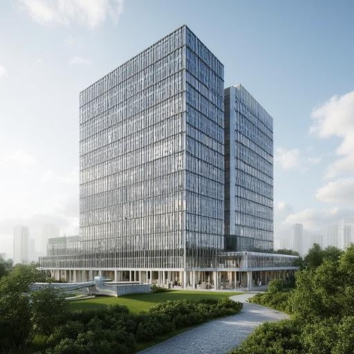 Vertical, Spectacular overlook of a modern building in urbun, modern_design, modern_building, modern_architecture, details, depth of field, long shot, perfect light and shadow, real, photo, relistic, detailed texture,