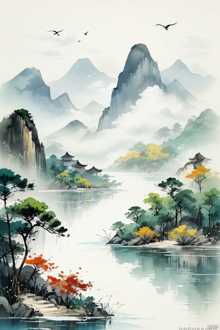 Rural scenery, along a path obscured by flowers by the stream, the distant mountains and clouds constantly change on summer afternoons, with natural light, distant views, tranquility, vitality, freshness, and warm colors. Chinese ink painting