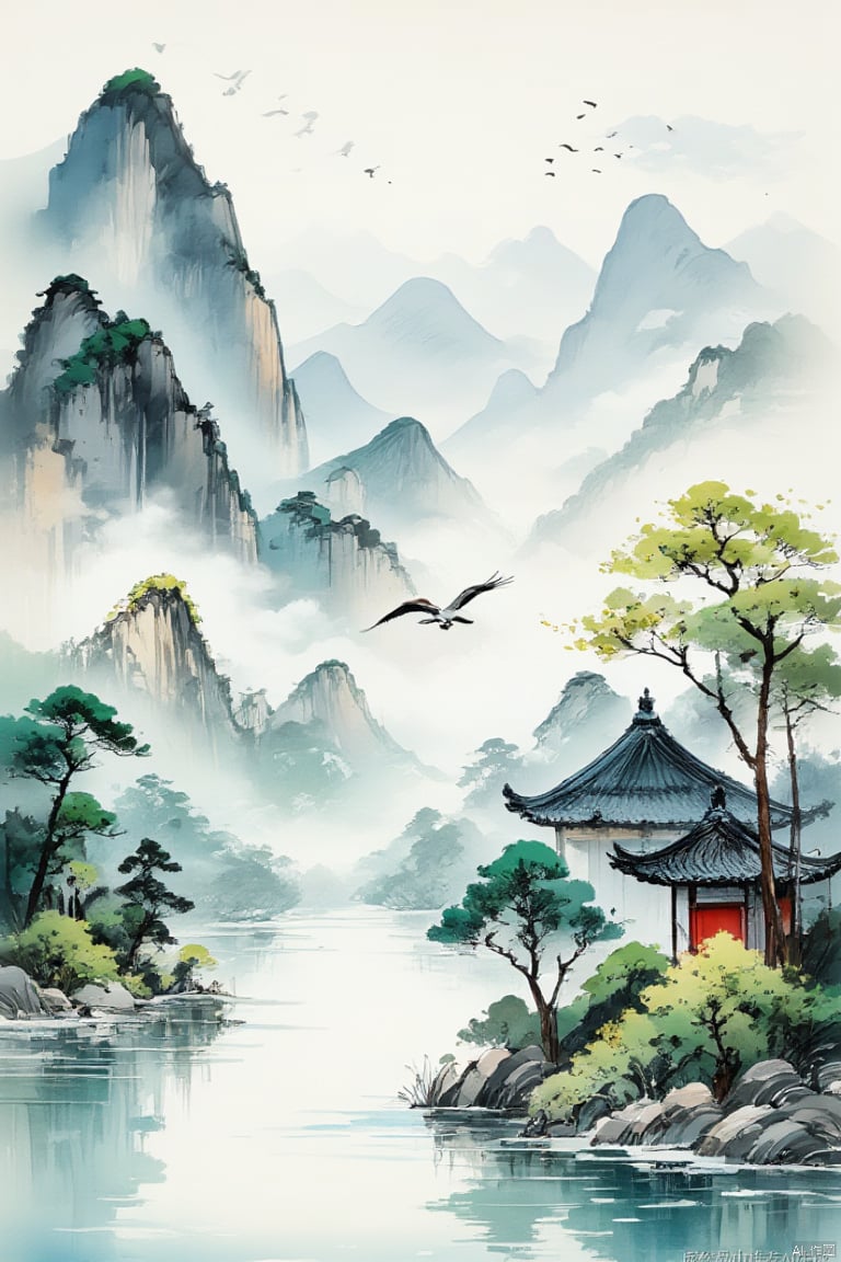 There is a pagoda in the distance, a mountain view painting of birds flying in the sky, Eymind Earle, fantasy art, ancient Chinese style, mountain view, misty atmosphere,  green, Chinese ink painting