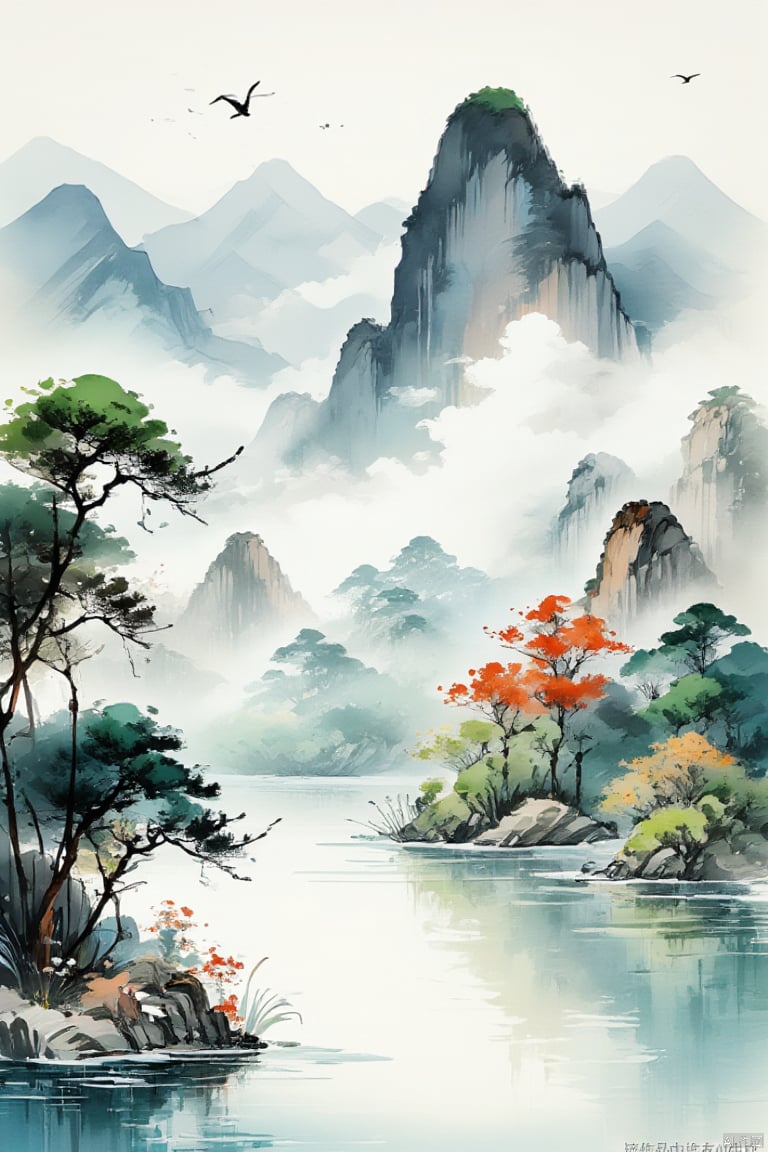 (ultra detailed, High quality ,best quality, High precision, Fine luster, UHD, 16k), (official art, masterpiece, illustration), A landscape painting with a lake, pine trees and a sunset, thick fog, with clear new pop illustrations, (large area of white space, one-third composition: 1.3), minimalist world, beige gray, Chinese Jiangnan scenery, digital printing, lake and mountain scenery, sunset and solitary crane flying together,Exquisite style painting, Chinese ink landscape painting