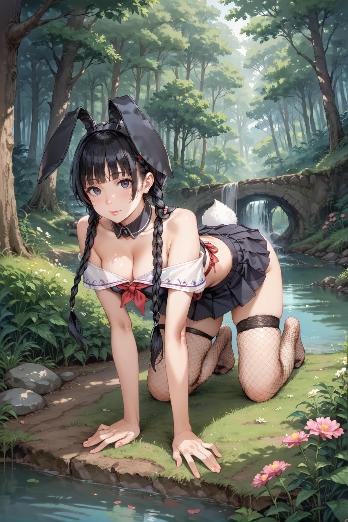 <lora:kk_sexydress_set38:1>,score_9,score_8_up,score_7_up,source_anime,kk_sexydress_set38,1girl,solo,fishnet thighhighs,black hair,twin braids,braid,animal ears,rabbit ears,skirt,underwear,full body,all fours,looking at viewer,Enchanted Forest, Trees, flowers, creek, morning, sparkling, enchanting, magical,