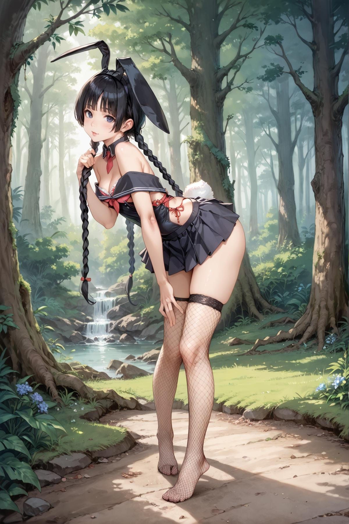 <lora:kk_sexydress_set38:1>,score_9,score_8_up,score_7_up,source_anime,kk_sexydress_set38,1girl,solo,fishnet thighhighs,black hair,twin braids,braid,animal ears,rabbit ears,skirt,underwear,full body,leaning forward,looking at viewer,enchanted forest, morning, sunny, peaceful, otherworldly,