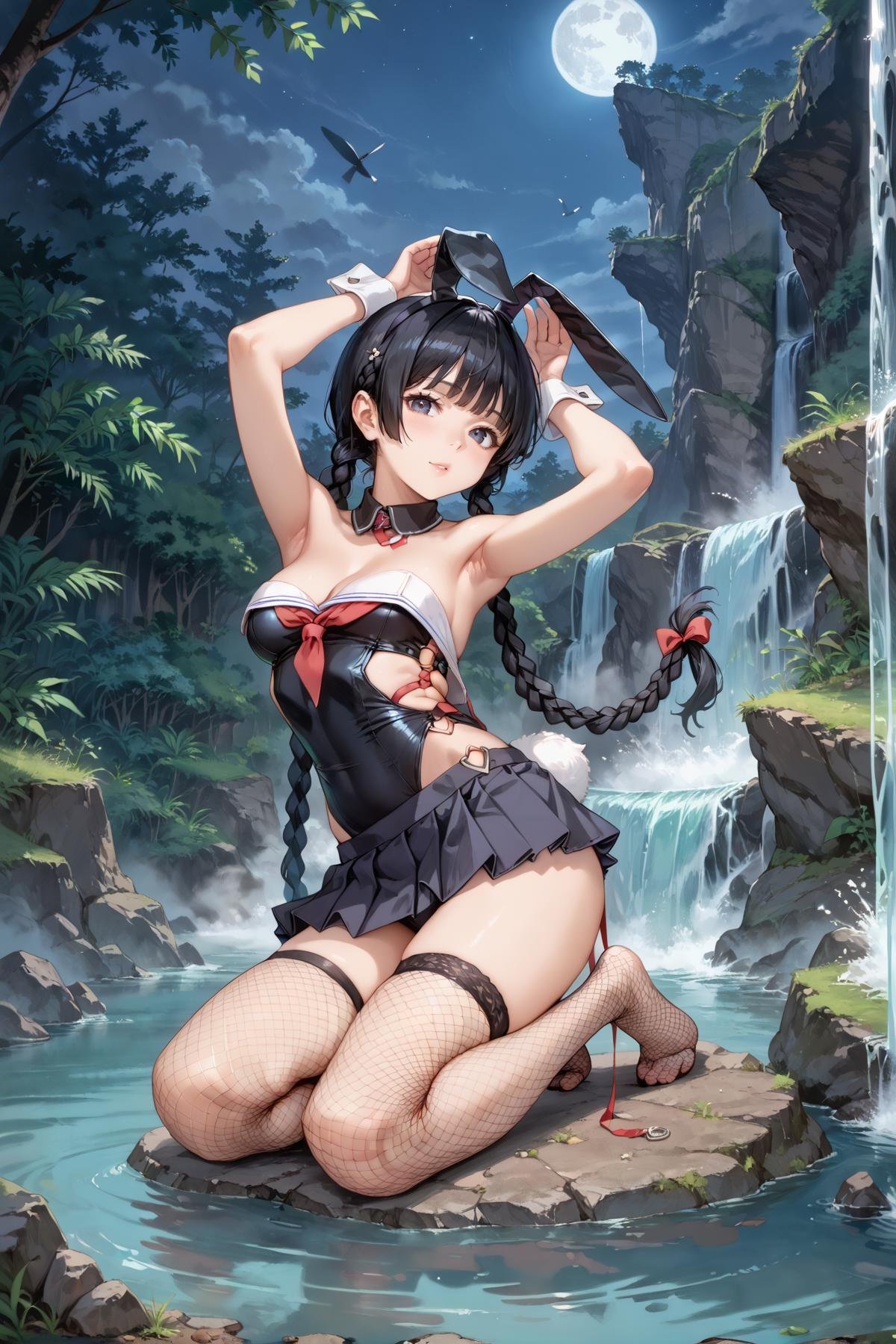 <lora:kk_sexydress_set38:1>,score_9,score_8_up,score_7_up,source_anime,kk_sexydress_set38,1girl,solo,fishnet thighhighs,black hair,twin braids,braid,animal ears,rabbit ears,skirt,underwear,full body,arms up,looking at viewer,waterfall, night, moonlit, serene, peaceful, dark, starlit, flowing, rocky, surreal, spray, silhouette,