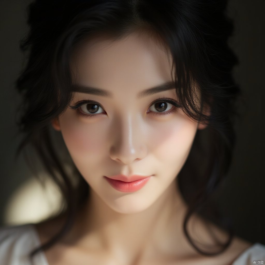 (masterpiece, best quality, high resolution),1 chinese girl,black hair,beautiful detailed eyes,cinematic angle,soft light,extremely detailed face,long eyelashes,skin details,light smile,looking at viewer,light and shadow details,
