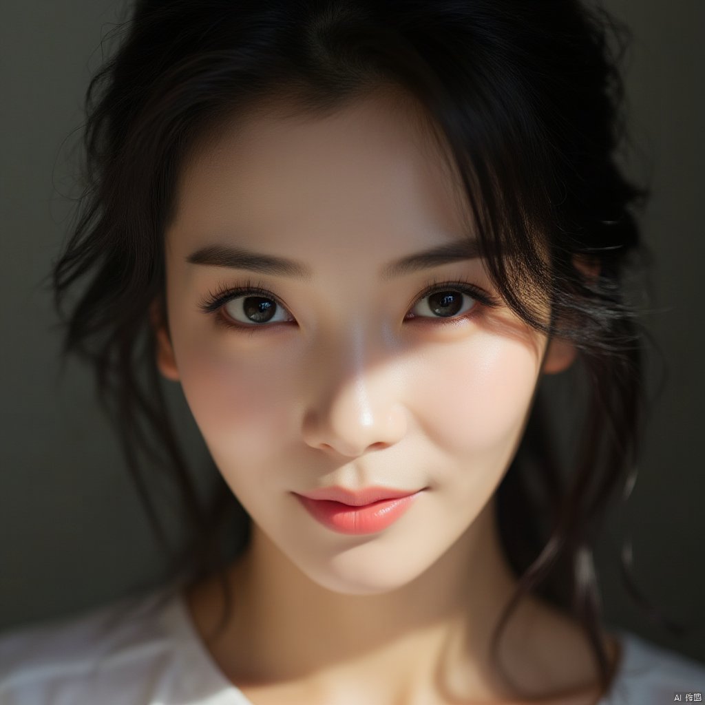 (masterpiece, best quality, high resolution),1 chinese girl,black hair,beautiful detailed eyes,cinematic angle,soft light,extremely detailed face,long eyelashes,skin details,light smile,looking at viewer,light and shadow details,
