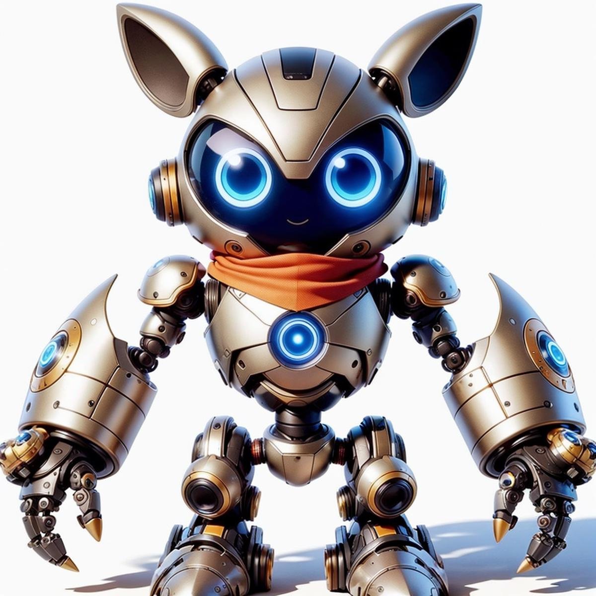 [03]CyberPet, robot, no humans, white background, solo, mecha, simple background, standing, animal ears, humanoid robot, full body, robot joints, joints, scarf, science fiction, blue eyes, looking at viewer, shadow