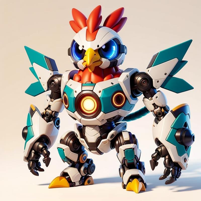 CyberPet, robot, mecha, no humans, white background, simple background, full body, looking at viewer, ((chicken)),