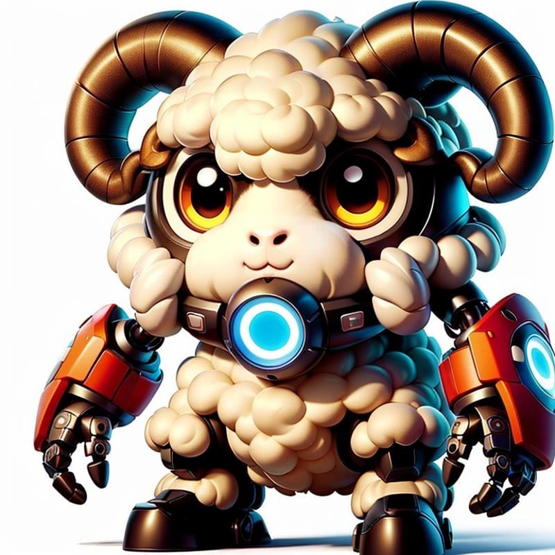 CyberPet, robot, mecha, no humans, white background, simple background, full body, looking at viewer, ((sheep)),