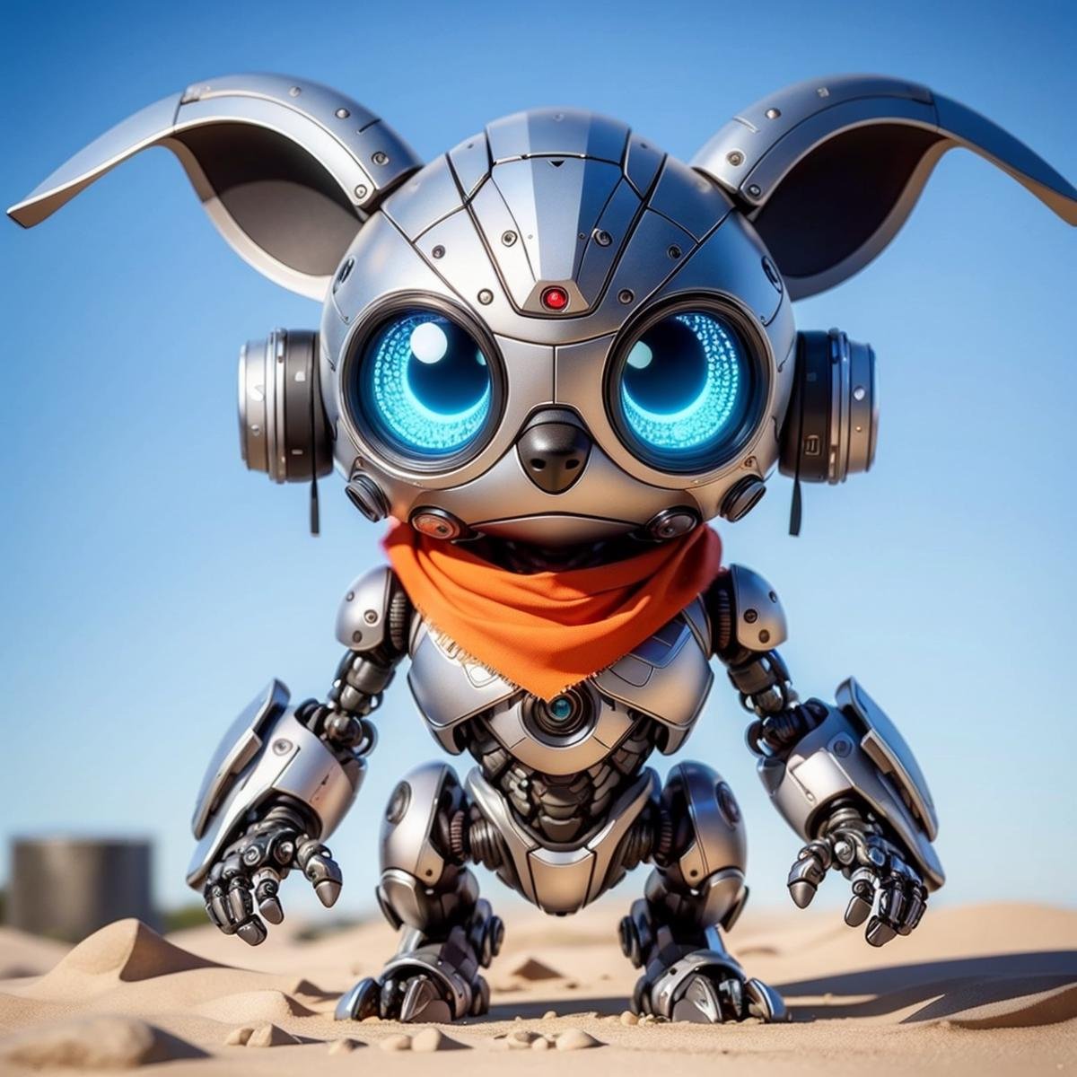 [01](photorealistic:1.4), (extremely intricate:1.2), cinematic light, ultra high res, 8k uhd, intricate details, best shadow, delicate, RAW, CyberPet, robot, no humans, white background, solo, mecha, simple background, standing, animal ears, humanoid robot, full body, robot joints, joints, scarf, science fiction, blue eyes, looking at viewer, shadow, (dog),