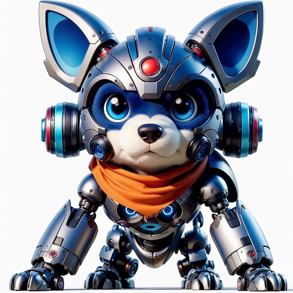 [03]CyberPet, robot, no humans, white background, solo, mecha, simple background, standing, animal ears, humanoid robot, full body, robot joints, joints, scarf, science fiction, blue eyes, looking at viewer, shadow (dog),