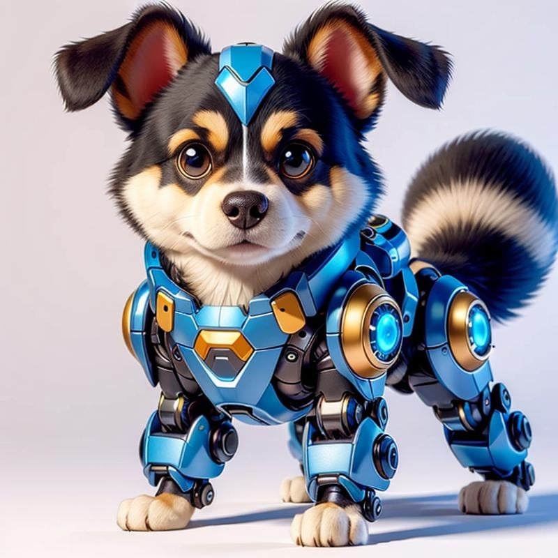 CyberPet, robot, mecha, no humans, white background, simple background, full body, looking at viewer, ((dog)),