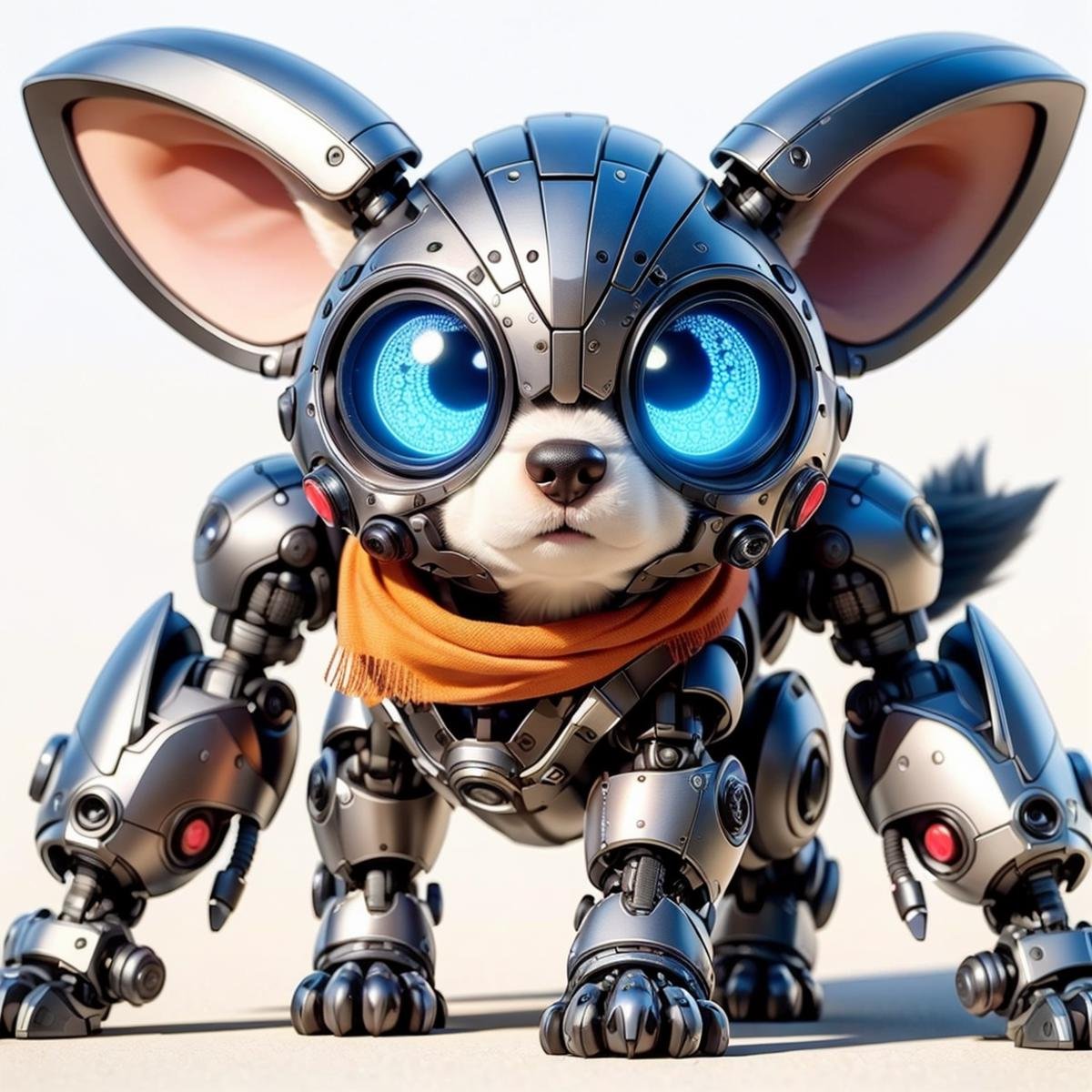 [01](photorealistic:1.4), (extremely intricate:1.2), cinematic light, ultra high res, 8k uhd, intricate details, best shadow, delicate, RAW, CyberPet, robot, no humans, white background, solo, mecha, simple background, standing, animal ears, humanoid robot, full body, robot joints, joints, scarf, science fiction, blue eyes, looking at viewer, shadow, (dog),