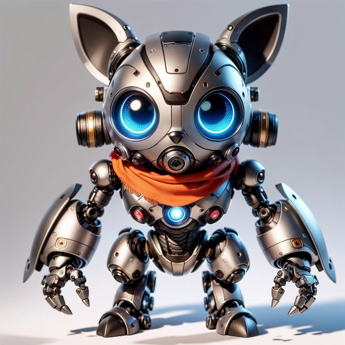 cinematic light, ultra high res, 8k uhd, intricate details, best shadow, delicate, RAW, [02]CyberPet, robot, no humans, white background, solo, mecha, simple background, standing, animal ears, humanoid robot, full body, robot joints, joints, scarf, science fiction, blue eyes, looking at viewer, shadow (dog),