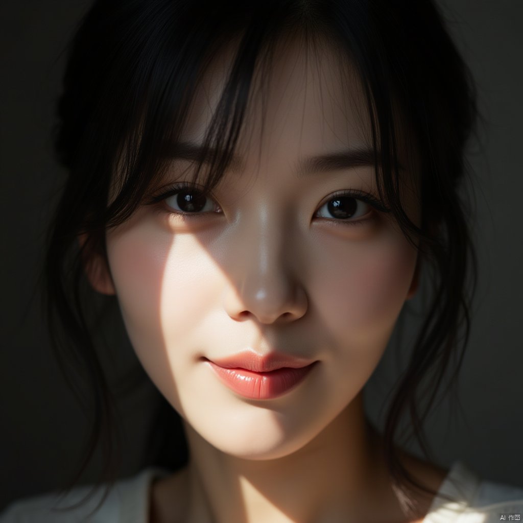 (masterpiece, best quality, high resolution),1 chinese girl,black hair,beautiful detailed eyes,cinematic angle,soft light,extremely detailed face,long eyelashes,skin details,light smile,looking at viewer,light and shadow details,
