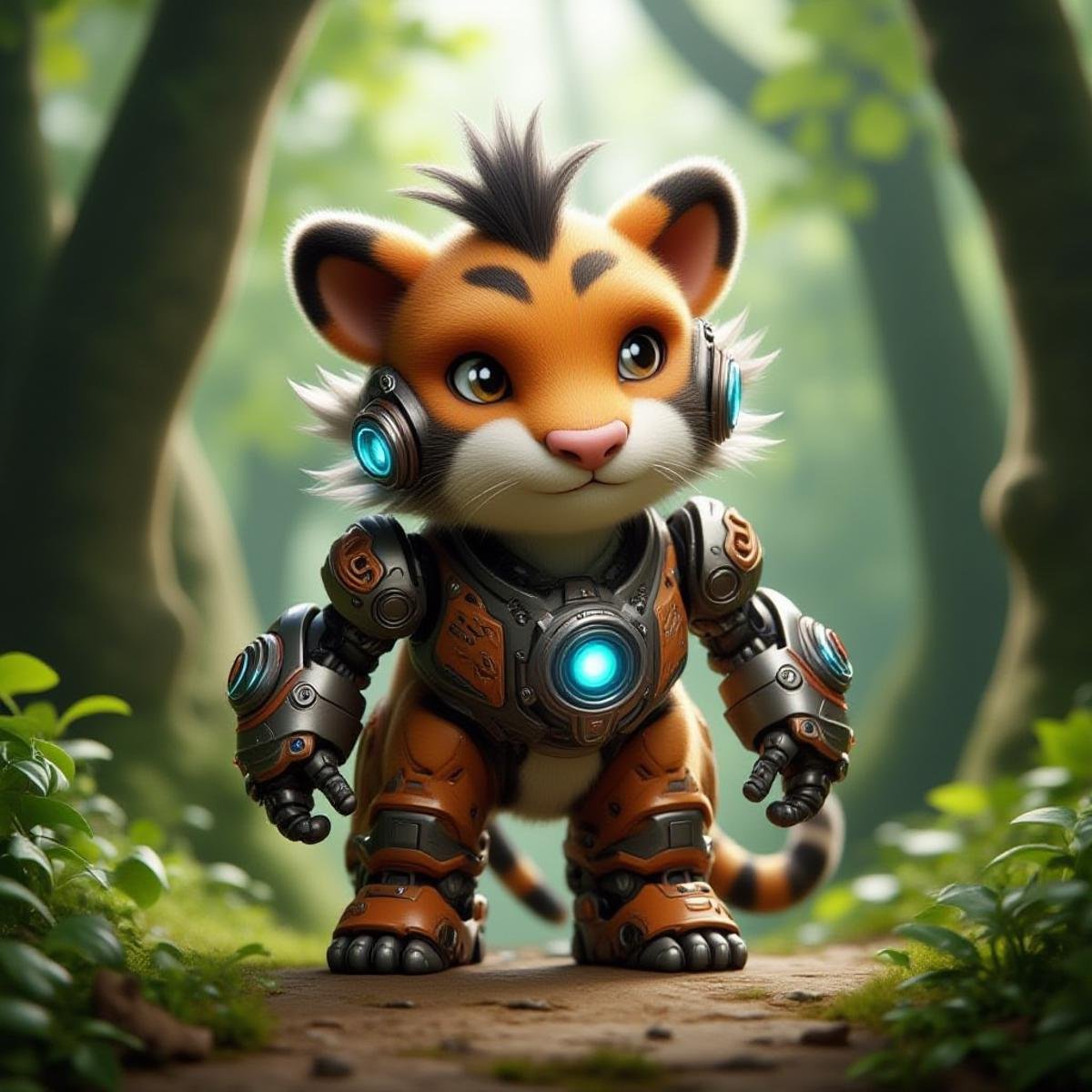 CyberPet, full body, Pixar style, looking to viewer, In the primeval forest. <lora:CyberPetFluxV1:1>, ((Tiger)),