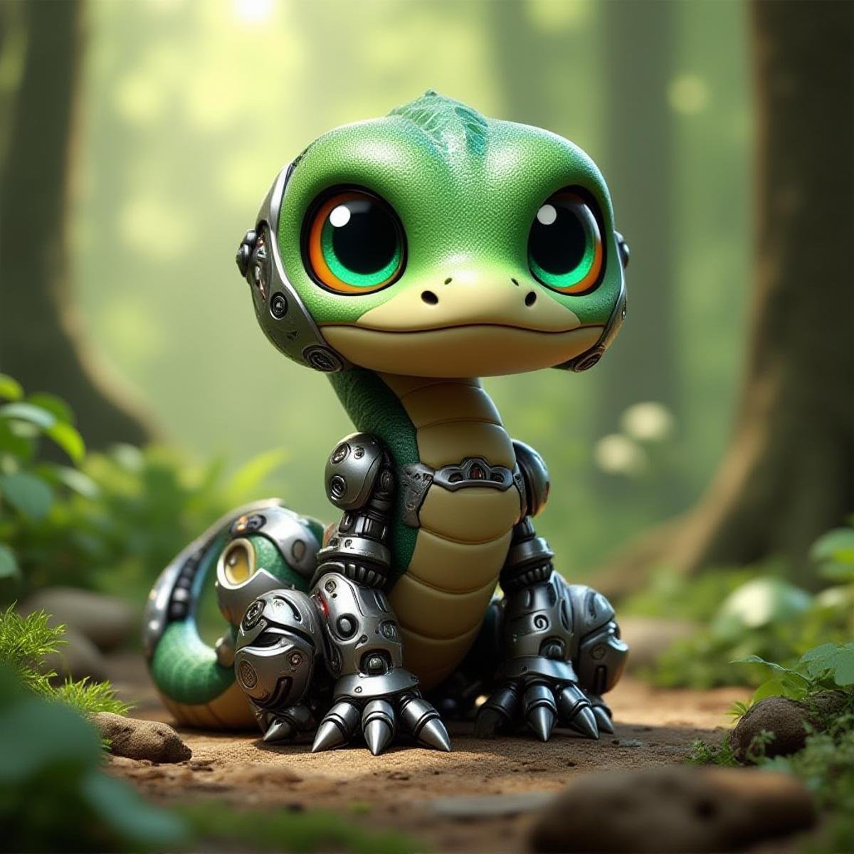 CyberPet, robot, mecha, no humans, full body, ((snake)), , a cute Pixar style, looking to viewer, In the primeval forest. <lora:CyberPetFluxV1:1>, 