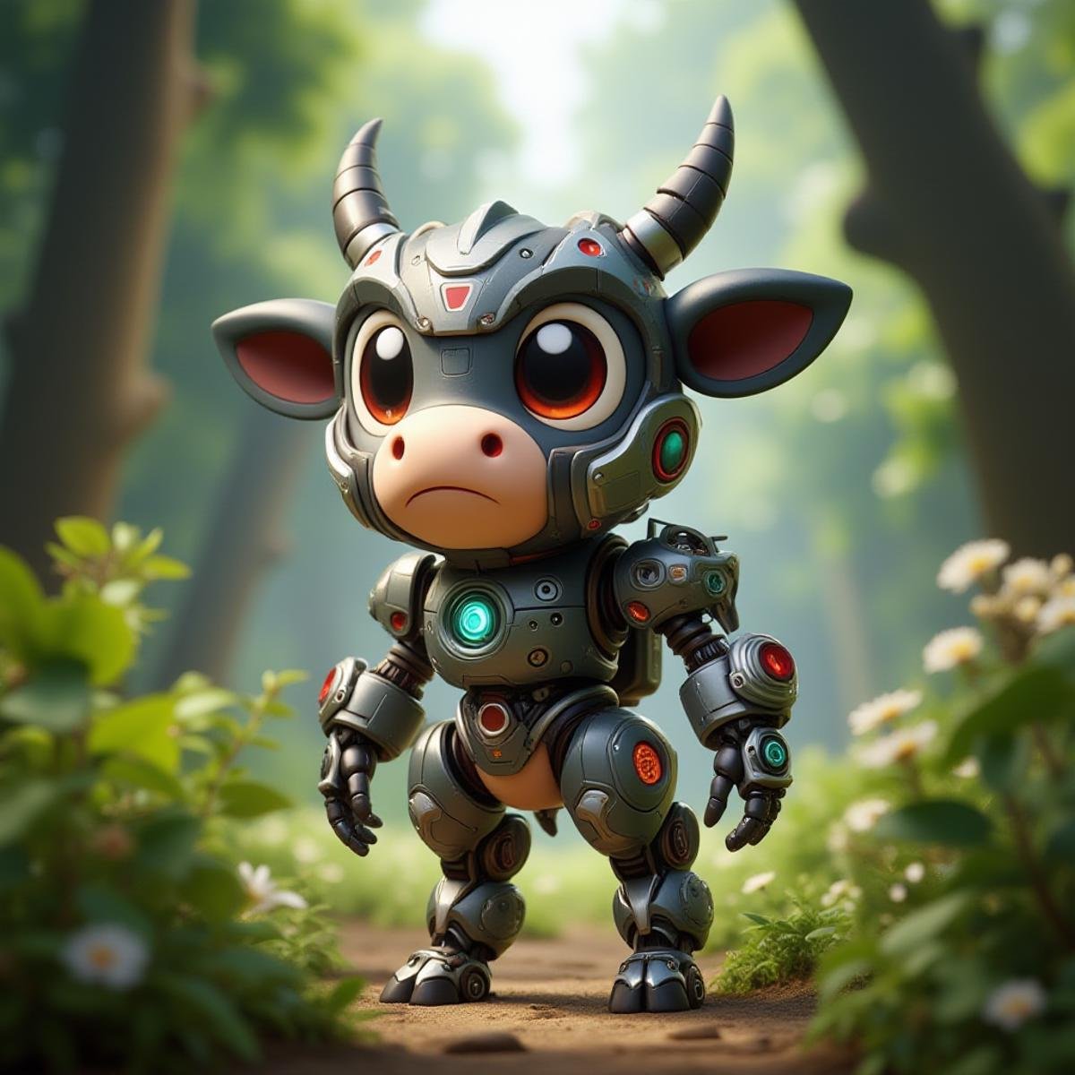 CyberPet, robot, mecha, no humans, full body, ((ox, cow)), , a cute Pixar style, looking to viewer, In the primeval forest. <lora:CyberPetFluxV1:1>, 