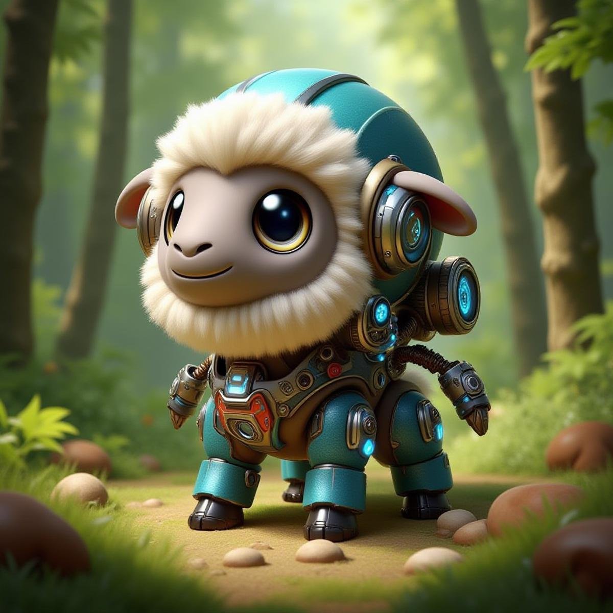 CyberPet, full body, Pixar style, looking to viewer, In the primeval forest. <lora:CyberPetFluxV1:1>, ((sheep)),