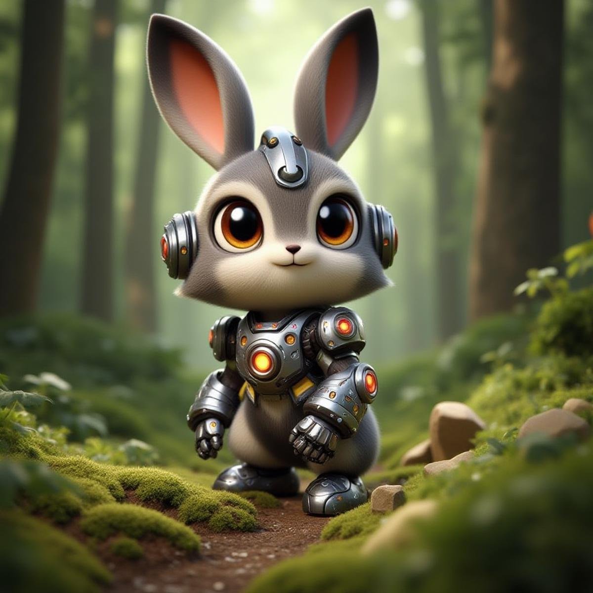 CyberPet, full body, Pixar style, looking to viewer, In the primeval forest. <lora:CyberPetFluxV1:1>, ((rabbit)),