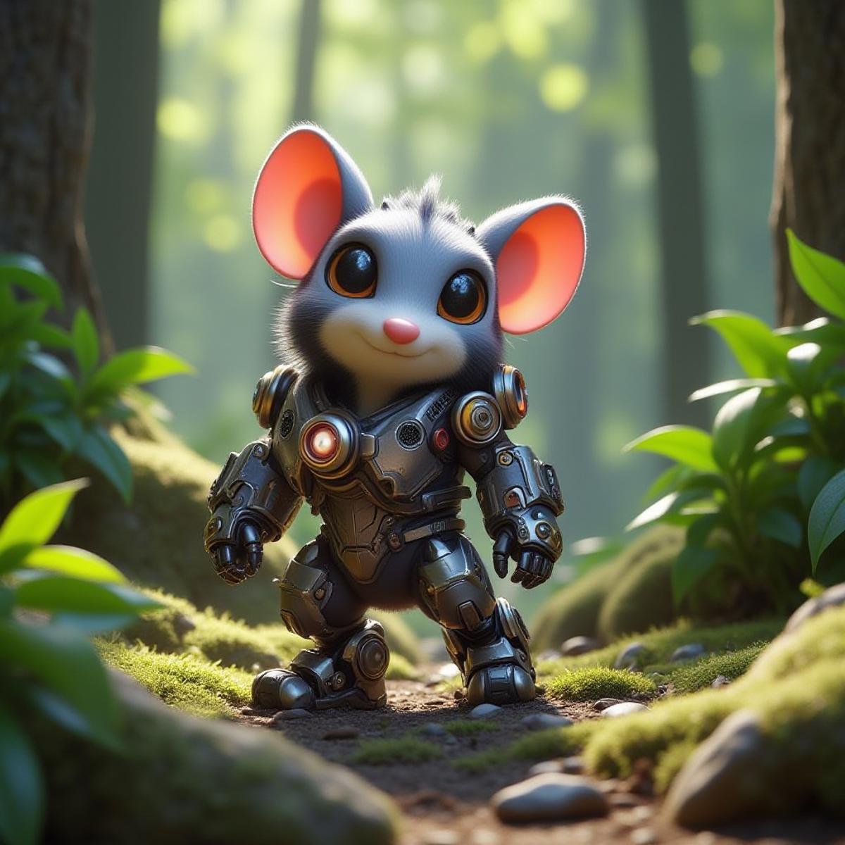 CyberPet, full body, Pixar style, looking to viewer, In the primeval forest. <lora:CyberPetFluxV1:1>, ((mouse, rat)),