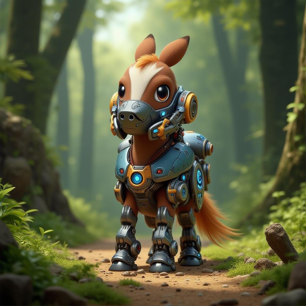 CyberPet, robot, mecha, no humans, full body, ((horse)), , a cute Pixar style, looking to viewer, In the primeval forest. <lora:CyberPetFluxV1:1>, 