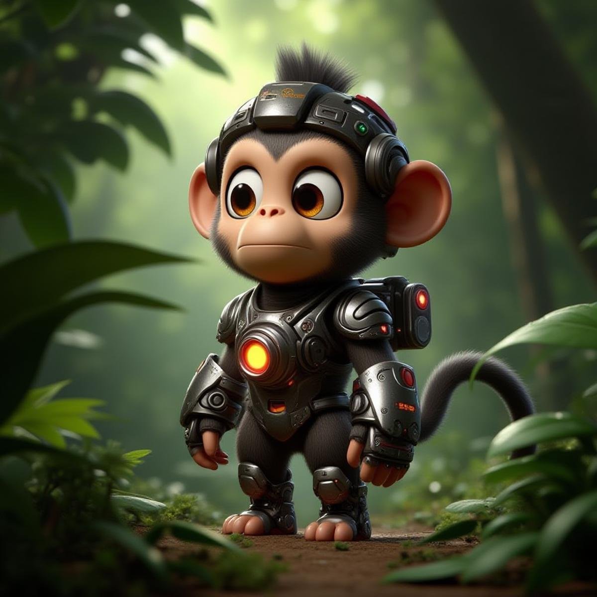 CyberPet, full body, Pixar style, looking to viewer, In the primeval forest. <lora:CyberPetFluxV1:1>, ((monkey)),