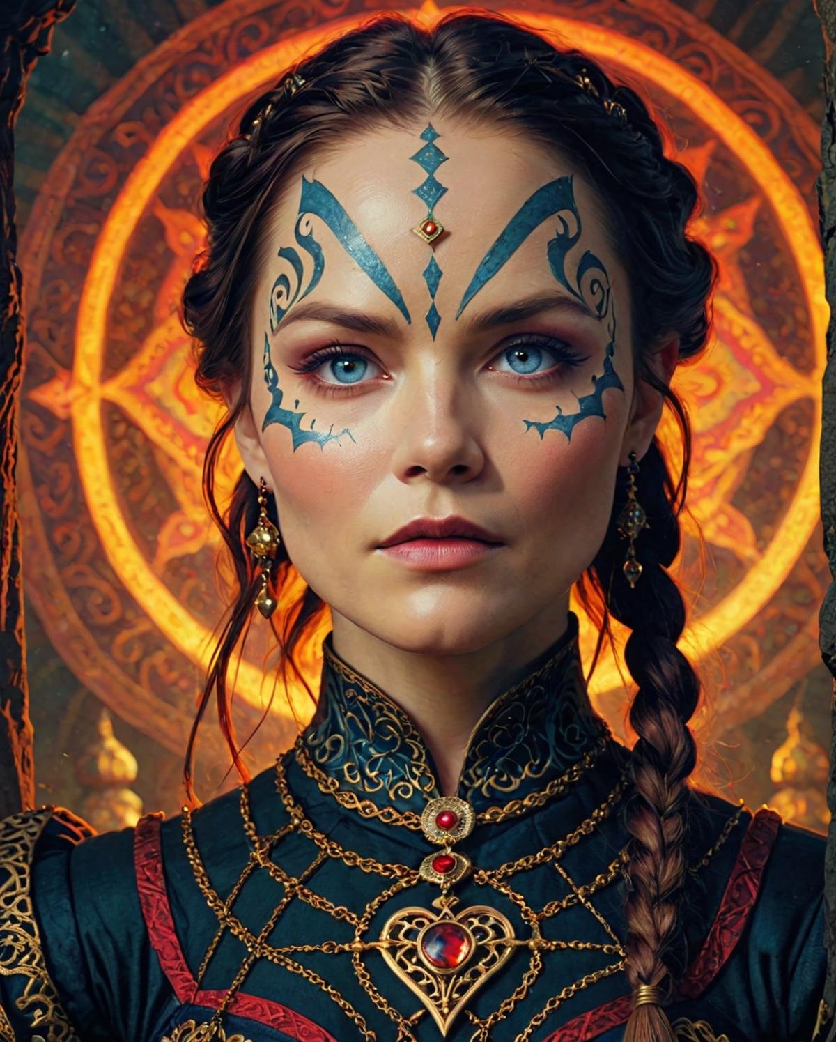 concept art, Rule of Thirds, Tudor shaman, face is a combination of Jennifer Morrison and Lucy Lawless, Heart-Shaped Eyes, digital art, <lora:Shaman.safetensors:0.8> adrr shaman, fabulous colors, original, enchanted, ambient illumination, handsome, dynamic dramatic atmosphere, beautiful, surreal