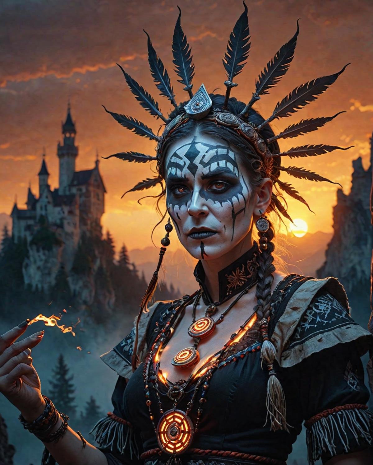 concept art, Bavarian shaman, the Woman is Foul and Popular, at Sunset, Horror, dtx, <lora:Shaman.safetensors:0.8> adrr shaman, sharp focus, dramatic, ambient light, modified, beautiful composition, dynamic composition, contemporary fine detail, glowing, highly detail