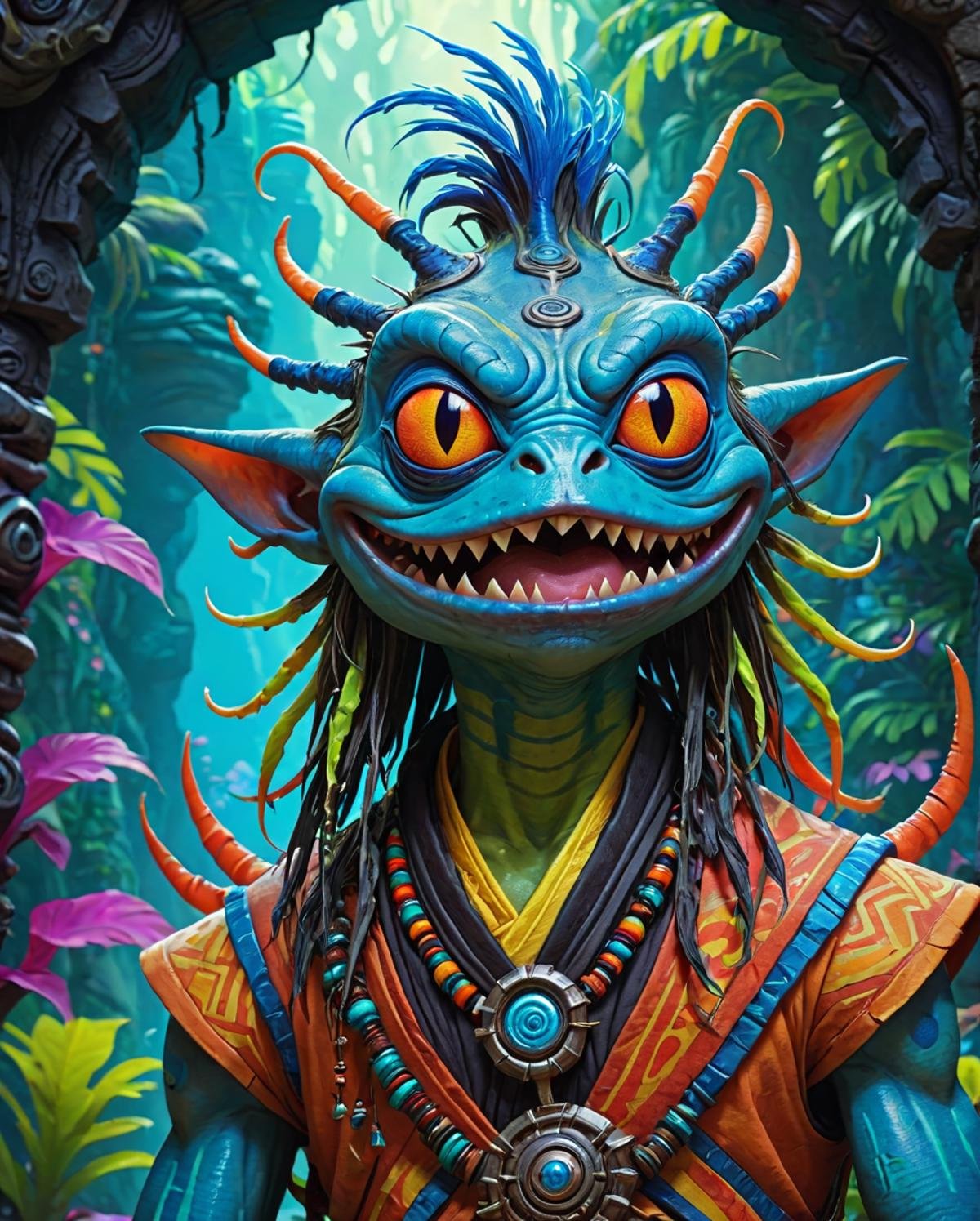 concept art, Male Murloc, Black hair, Fairy-Tale, 800mm lens, guy, sci-fi, <lora:Shaman.safetensors:0.8> adrr shaman, striking, quality, magical, vivid colors, perfect background, cool colors, highly color focused, fine artistic composition, cinematic perfect intricate stunning fine detail