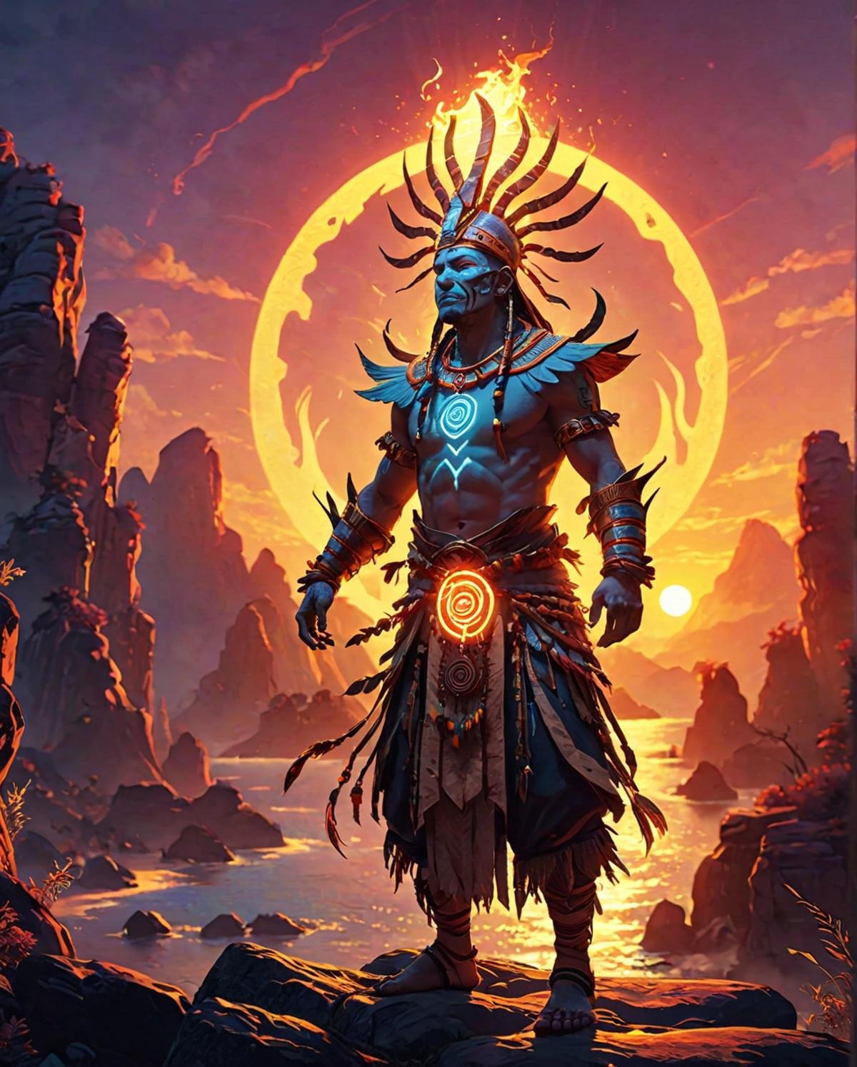 concept art, light-weight shaman, at Sunset, Ambient lighting, <lora:Shaman.safetensors:0.8> adrr shaman, sunny, atmosphere, dynamic cinematic color, creative, elegant, positive emotional, enchanted, quality, great light