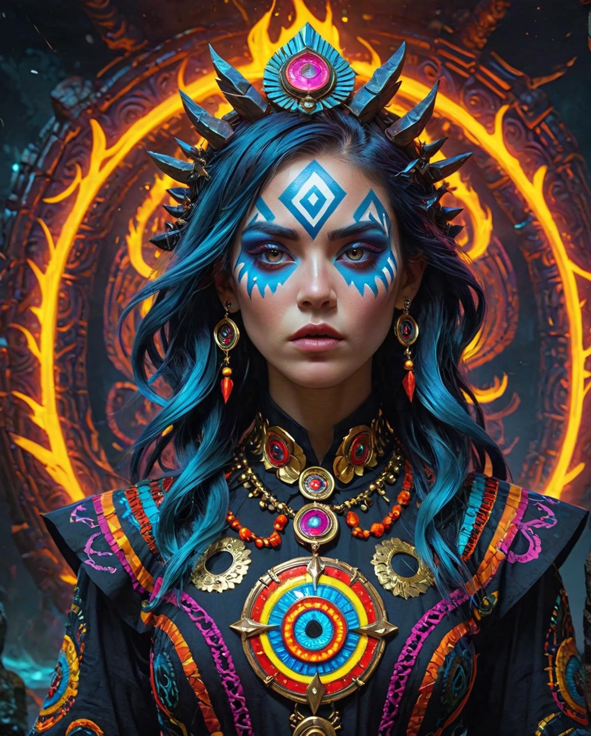 concept art, Dark Wave Art, shaman, she is wearing a Shirt dress, It is Ridiculous and Flashy, baroque, science fiction, <lora:Shaman.safetensors:0.8> adrr shaman, luxurious sharp focus, vivid colors, colorful, badge, imposing, highly color focused