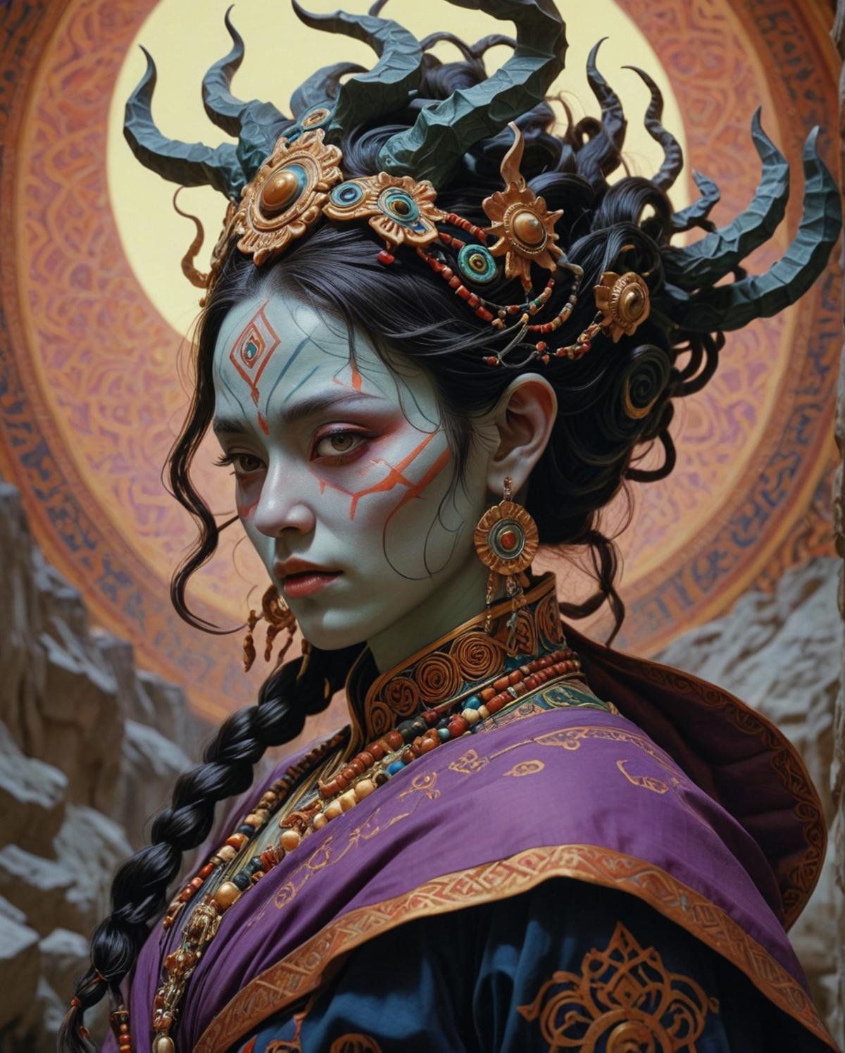 female Jinn , Kodak portra, in the style of Laocoön<lora:Shaman.safetensors:1> adrr shamanfine detail, very coherent, rich vivid colors, colorful, sunny, cool colors, exquisite color, highly decorated, fertile, very inspirational, warm light